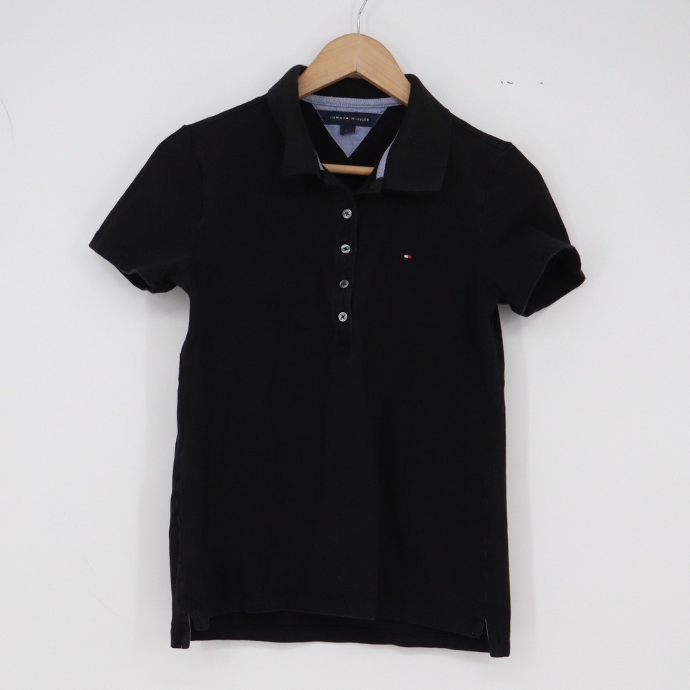 Tommy Hilfiger Polo Shirt Womens S Short Sleeve Black Stretch Logo Excellent